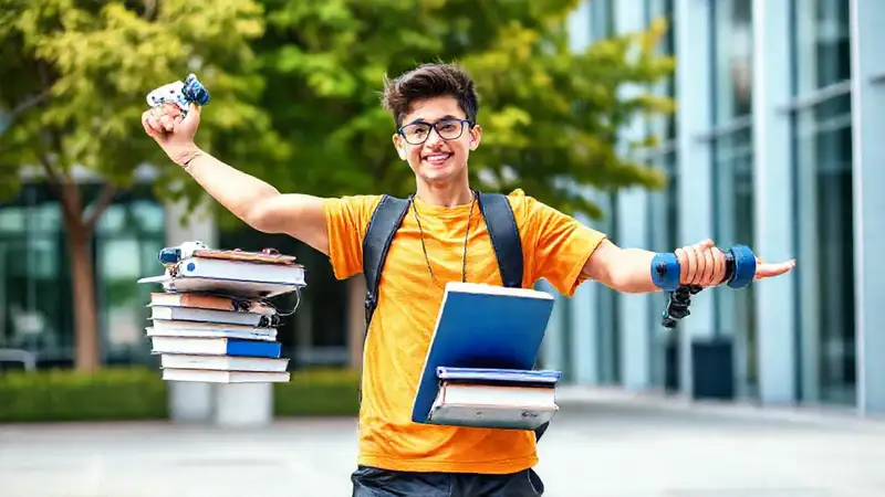 Estudiante de ingeniería con dispositivos y deporte