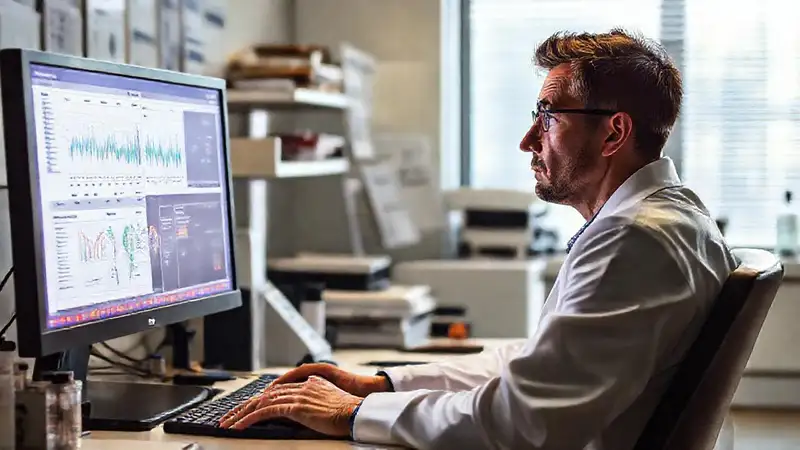 Científico analiza datos en laboratorio moderno