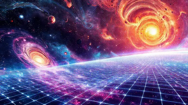 Paisaje cósmico futurista con galaxias vibrantes y patrones