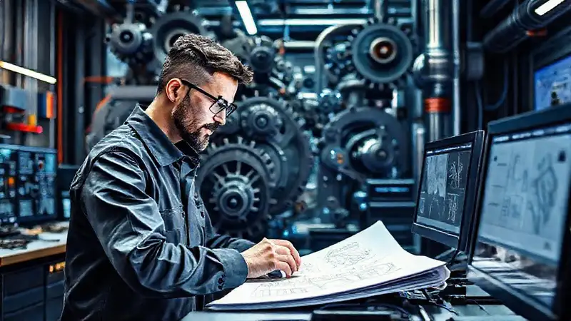Ingeniero en taller futurista con engranajes y pantallas