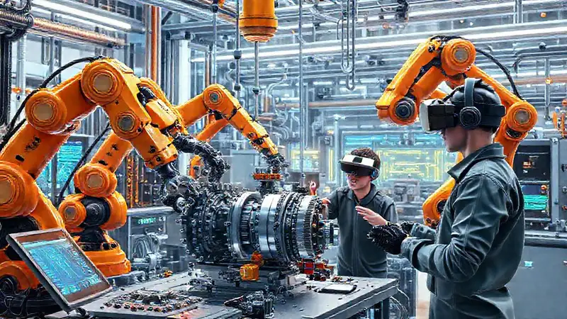 Espacio futurista con robots y realidad virtual