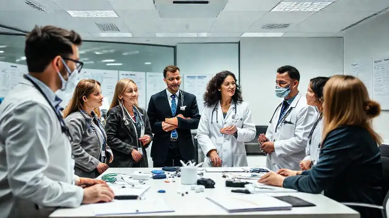 Profesionales de salud discuten en moderna sala