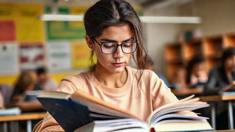 Estudiante estudia con calma en examen moderno