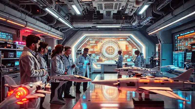 Laboratorio futurista con ingenieros y tecnología avanzada