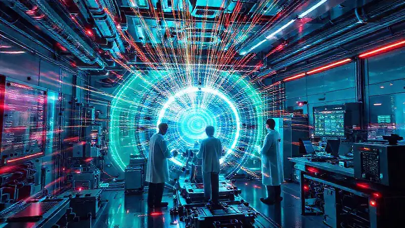 Acelerador futurista con haces de luz brillante