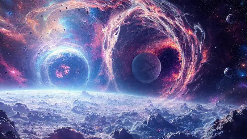 Paisaje futurista multiverso con portán cosmicá