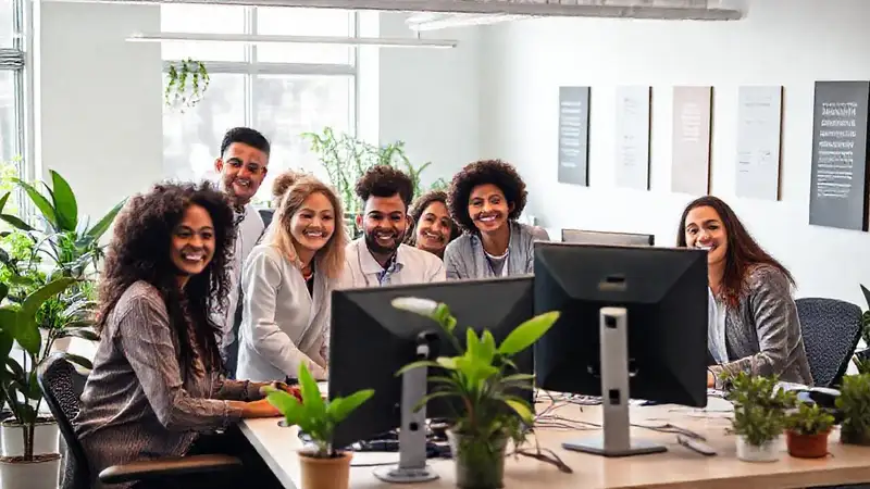 Oficina moderna, equipo saludable, ambiente positivo