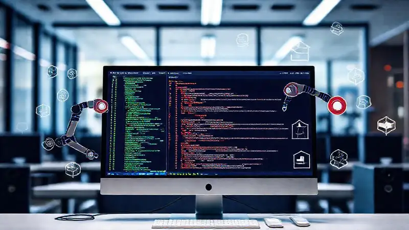 Pantalla con software y robots automáticos