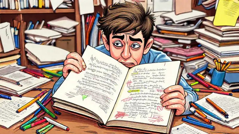 Estudiante frustrado con notas desordenadas y coloridas