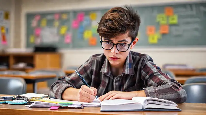Estudiante tomando notas confundido en clase