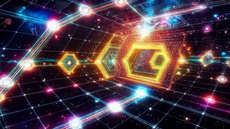 Rejilla futurista con formas y colores vibrantes