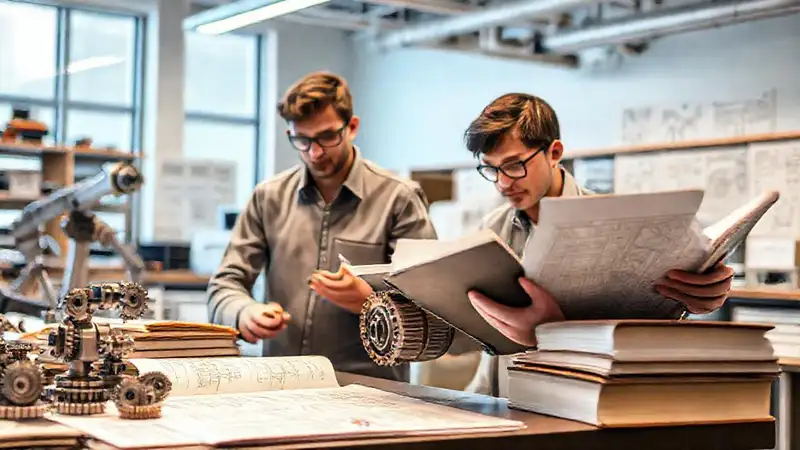 Libros, engranajes y robots en laboratorio moderno