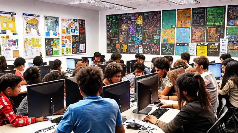 Estudiantes colaboran en aula tecnológica moderna