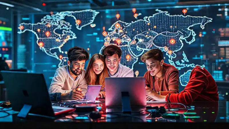 Estudiantes colaborando globalmente con tecnología moderna