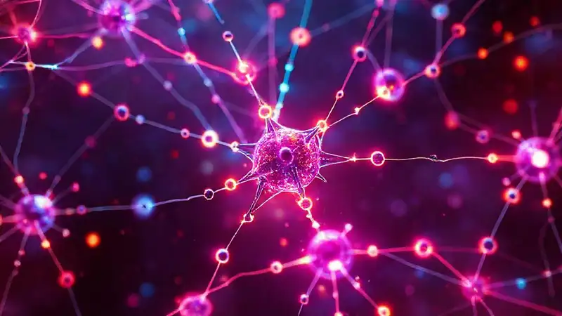 Partículas cuánticas entrelazadas en neón futurista