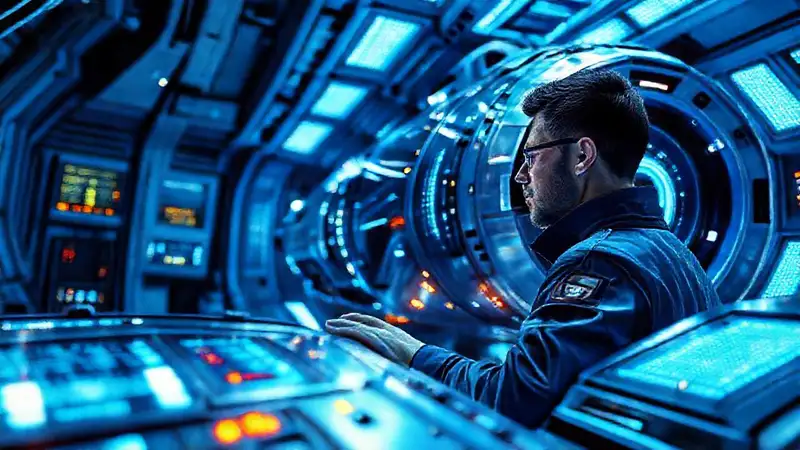 Ingeniero revisa nave futurista en laboratorio avanzado