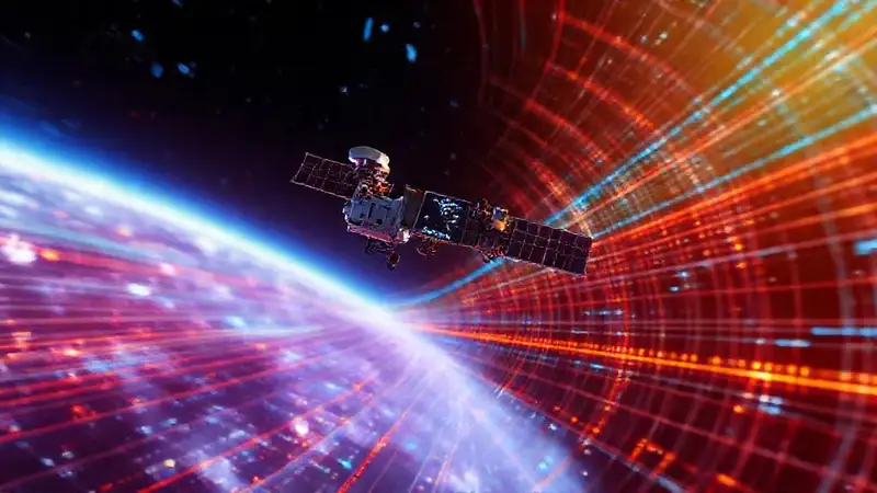 Equipo tecnológico con patrones de ondas y satélites