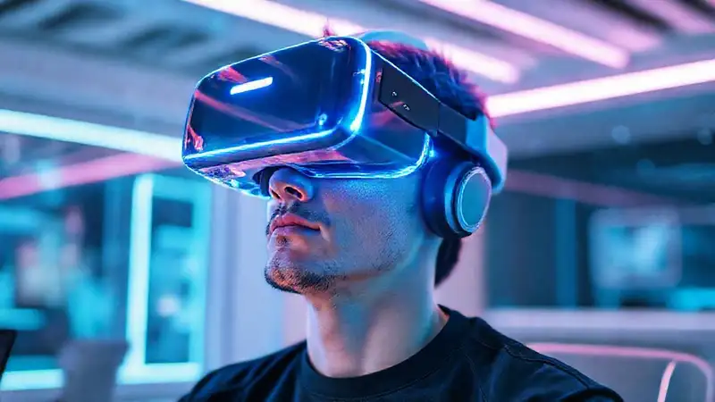 Usuario de VR en interfaz holográfica futurista