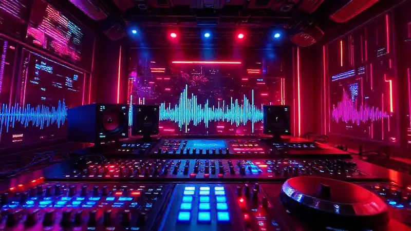 Equipo audiovisual futurista con neón y frecuencias