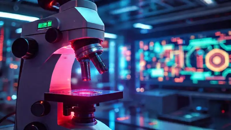 Microscopio futurista con inteligencia artificial avanzada