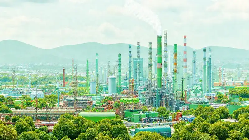 Paisaje industrial futurista sostenible y ecológico