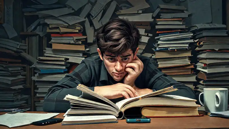 Estudiante estresado entre libros y caos