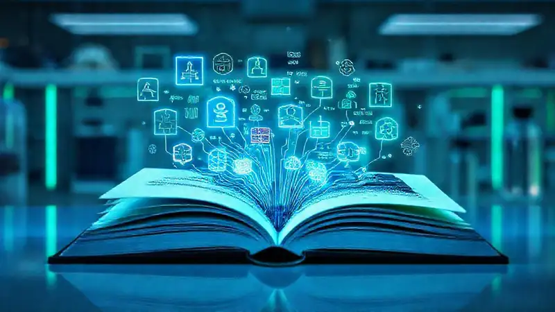Libro digital con iconos holográficos y neón