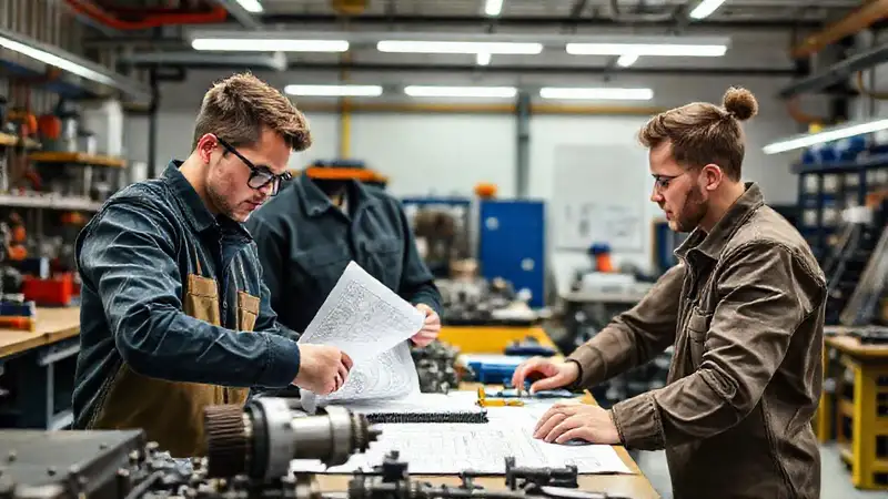 Estudiantes de ingeniería trabajan con herramientas y planos