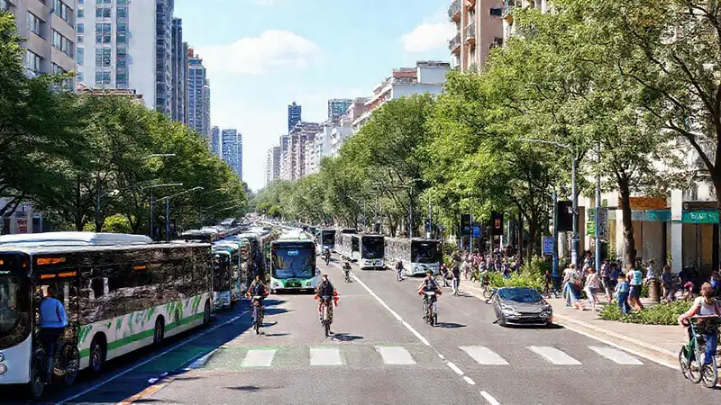 Ciudad sostenible con transporte y parques verdes
