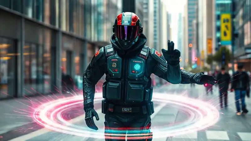 Equipo futurista de protección en ciudad moderna