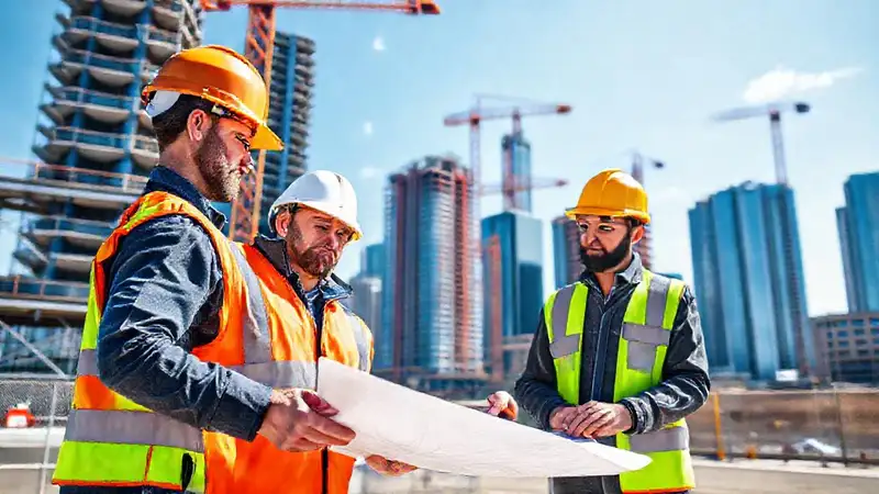 Ingenieros civiles revisan planos en obra urbana