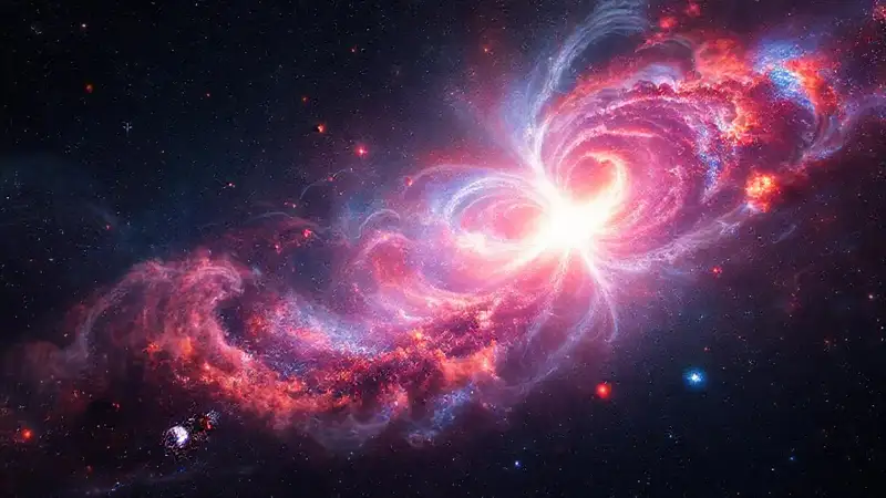 Cuásar brillante con nubes y galaxias vibrantes