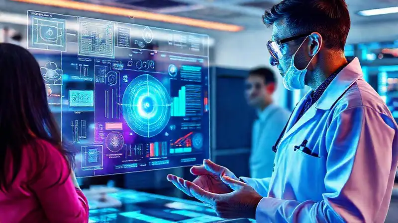 Ingeniero biomédico revisa datos holográficos futuristas