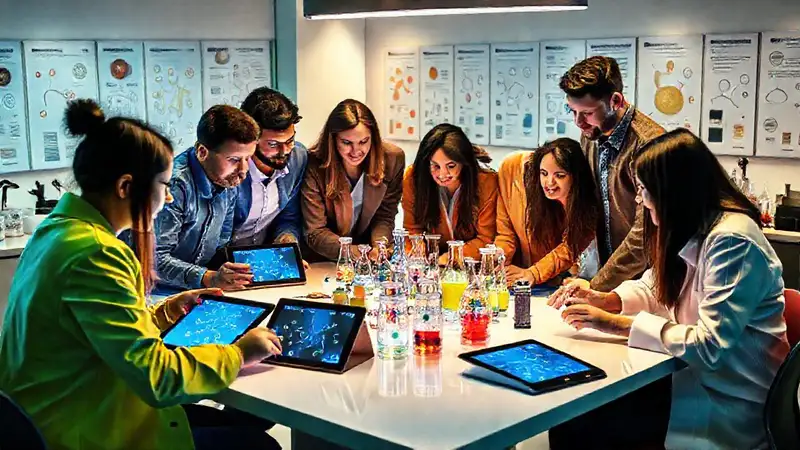Equipo diverso trabajando en laboratorio moderno
