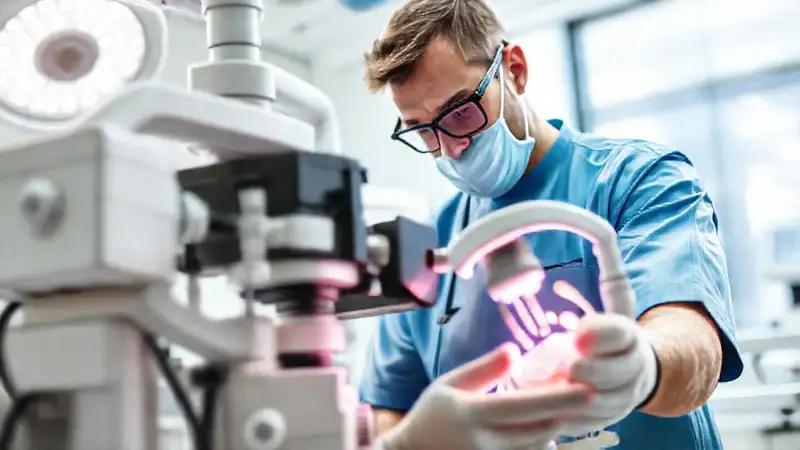 Técnico médico revisa equipo en hospital moderno