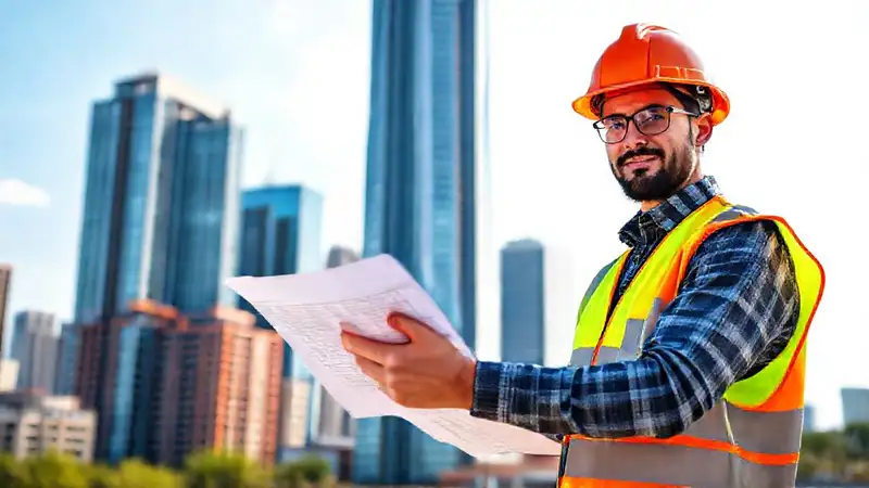 Estudiante de ingeniería en obra con plano