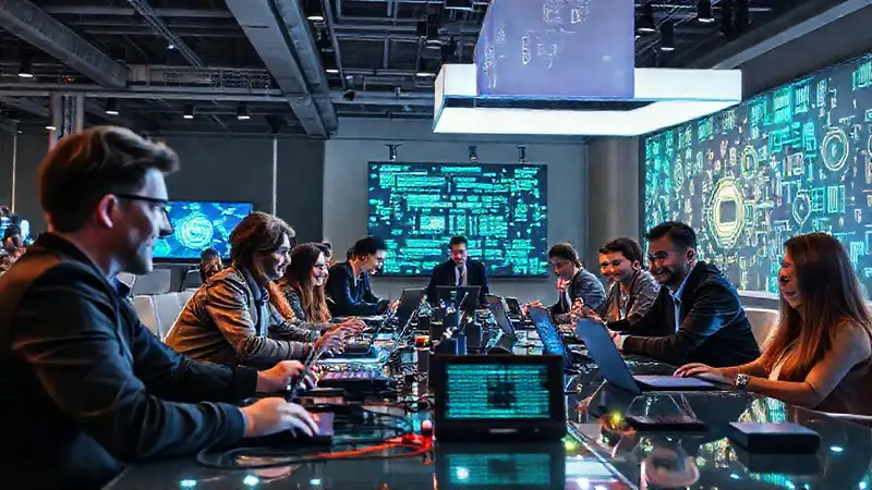 Reunión de profesionales con tecnología futurista