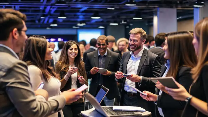 Profesionales intercambian tarjetas en evento dinámico