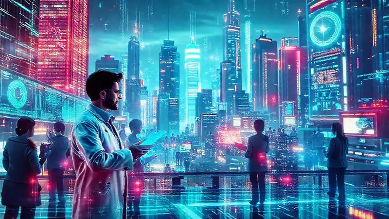 Ciudad futurista con científicos y datos holográficos