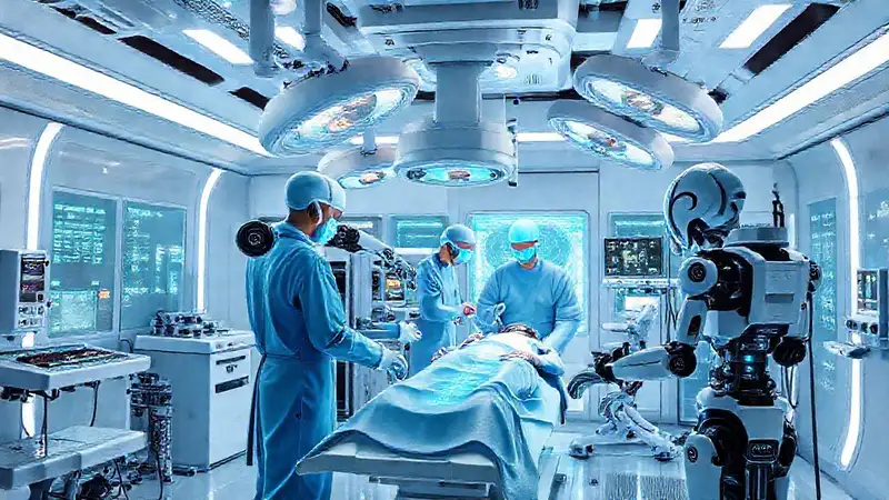 Quirófano futurista con robots y tecnología avanzada