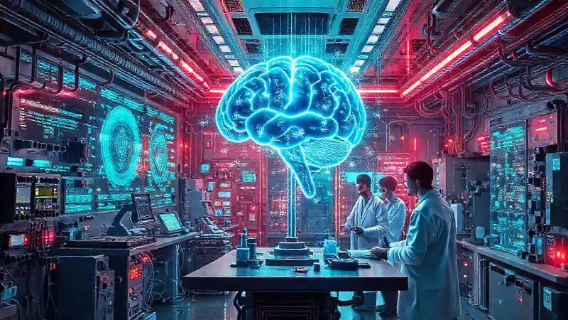 Laboratorio futurista con inteligencia artificial y colaboración
