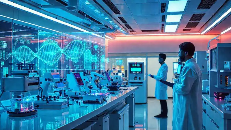 Laboratorio médico futurista con IA y tecnología avanzada