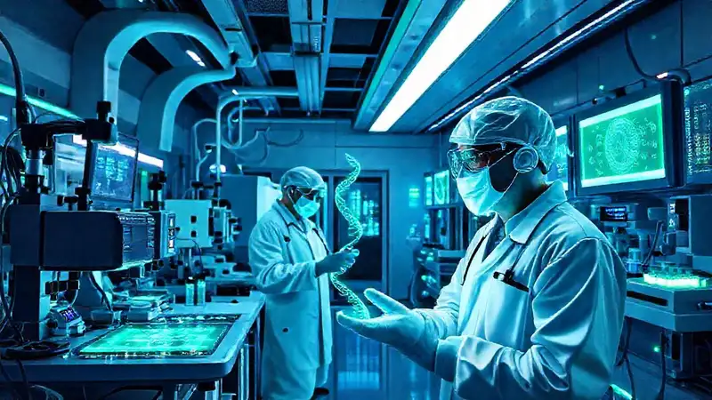 Laboratorio biomédico futurista con tecnología avanzada