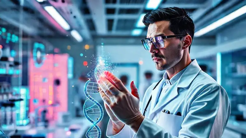Doctor futurista analizando ADN en laboratorio avanzado