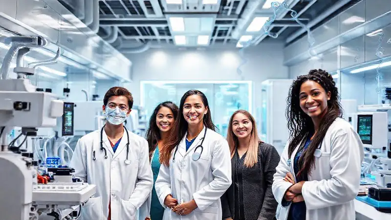 Laboratorio médico futurista con tecnología avanzada y feliz equipo