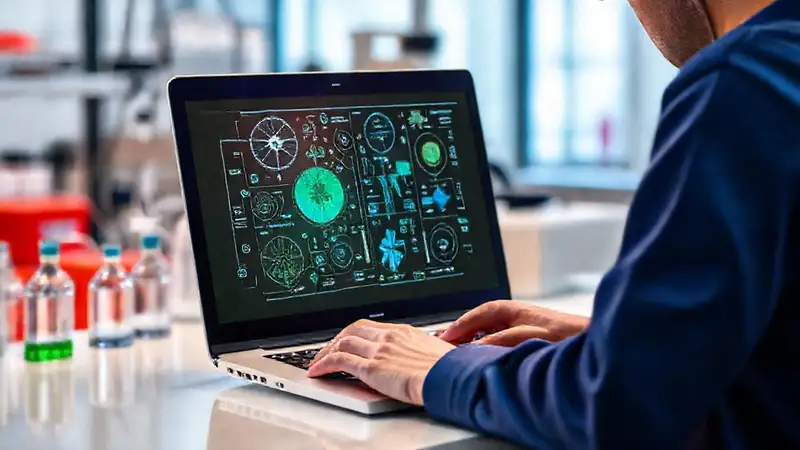 Estudiante con laptop y herramientas biomédicas