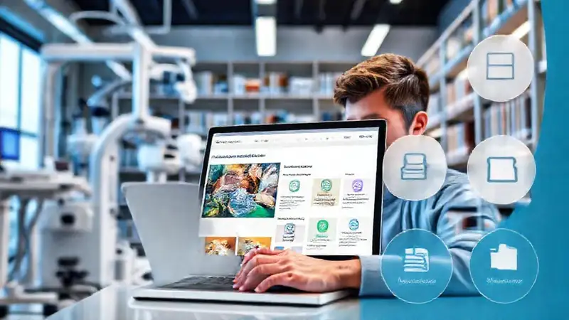 Estudiante estudia con recursos biomédicos digitales