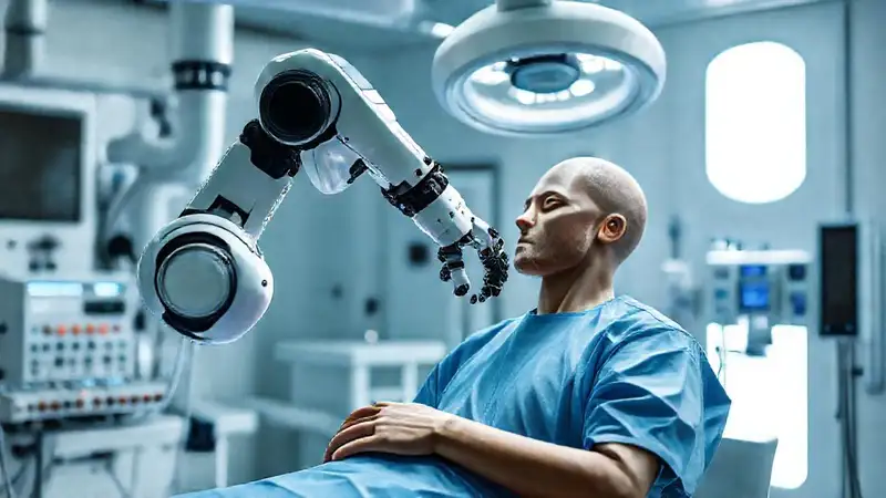 Robot quirúrgico en entorno médico avanzado y futurista