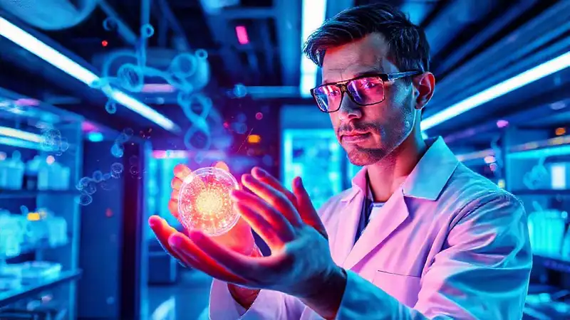 Laboratorio futurista con científico y nano dispositivo