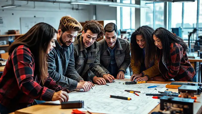 Estudiantes colaborando con planos y herramientas